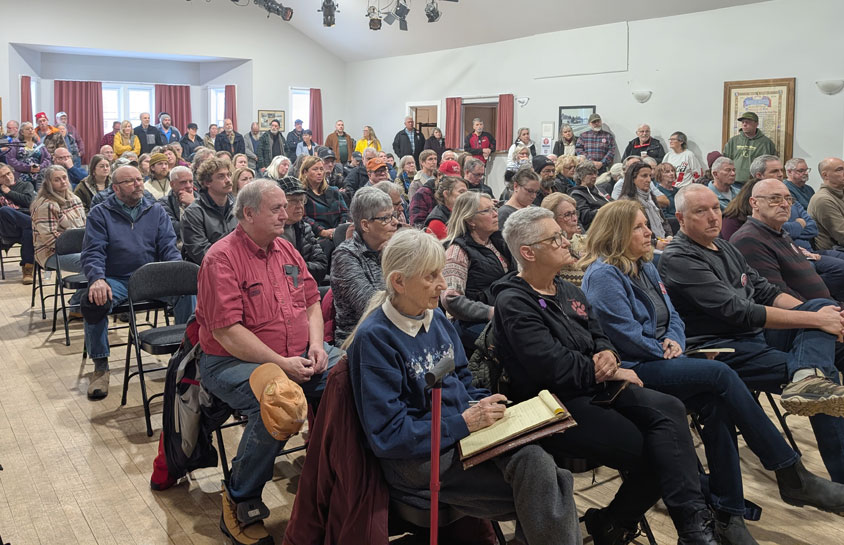 A crowd gathered at the Sharbot Lake on March 7 to oppose Alto Rail
