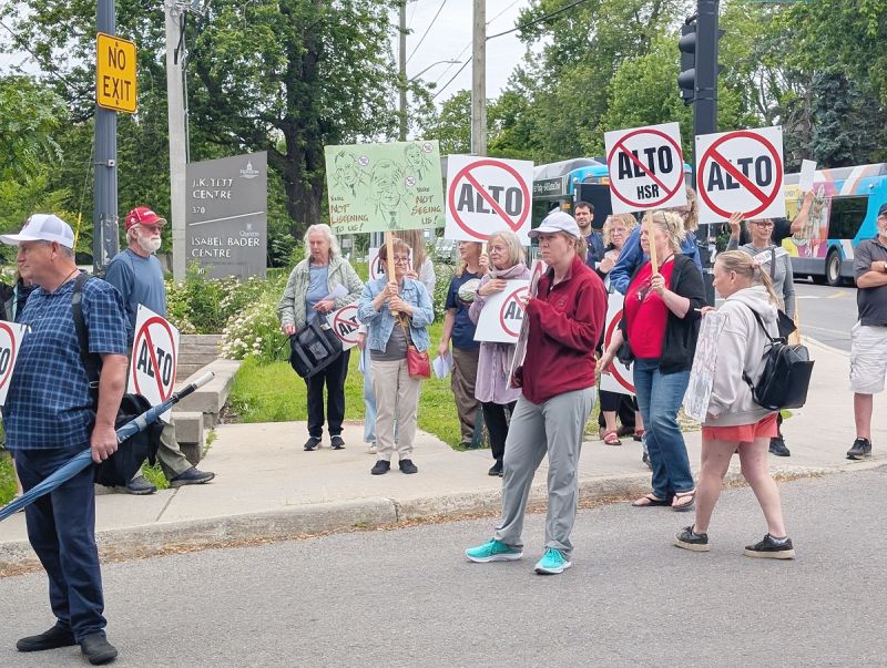 Protesters made their presence known outside the Kingston venue where dinitaries announced Alto plans in late June.