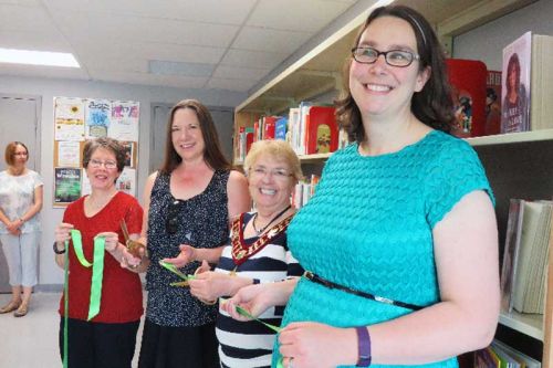 Library opening: front to back - Laura Carter - KFPL director, branch experience, Warden Frances Smith, Claudette Richardson, Library Board Chair, and Glenda Young, Parham Librarian - photo Cindy Kelsey