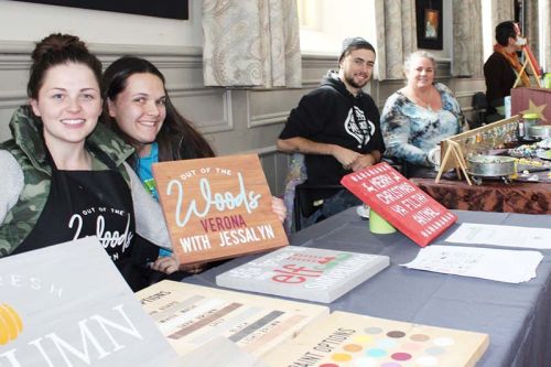 Jessalyn Wagar and Morgan Menard of Out of the Woods Verona and Matthew Crossman and Andrea Potter (“a mother-son team”) of The Glass Shack in Elginburg were two new vendors at the Sydenham Women’s Institute craft and bake sale Saturday at the Grace Centre in Sydenham. Photo/Craig Bakay