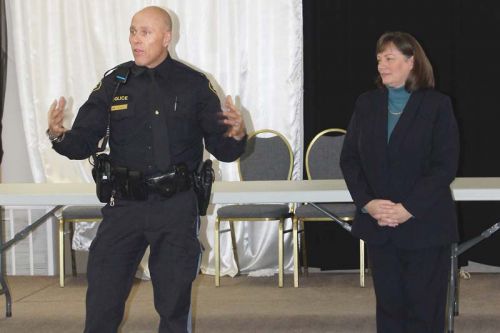 OPP Community Safety Officer Const. Curtis Dick introduces lawyer Michelle Foxton for an information session on wills and powers of attorney as part of of the SALT series last week at Golden Links Hall in Harrowsmith. Photo/Craig Bakay