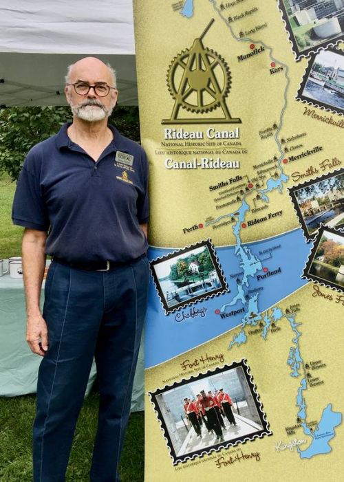 Hunter McGil spoke to an outdoor gathering of the Dog and Cranberry Lakes Association about the building of the Rideau canal.