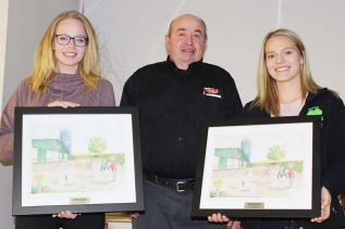 Shelby Eaves and Clarissa McCallum were presented the Gay Lea 24 Project Prints by Gay Lea representative Neil Modler at the Frontenac 4H Awards night Saturday at the Storrington Lions Hall. McCallum also won the Morley Curtis Memorial Scholarship. Eaves also won the Ron Peters Memorial Scholarship and the Murvale Scholarship. Photo/Craig Bakay