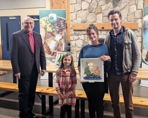 Sustainabilty award recipient, Back Forty Cheese L-R North Frontenac Mayor Gerry Lichty, Beatrix, Jenna and Jeff Fenwick.