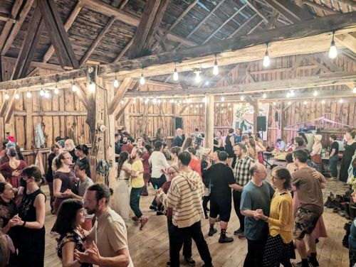 About 150 musicians and dancers gethered at Leopardfrog Farm near Battersea for a Balfolk celebration last weekend. The rainy, cold weather, was not able to dampen spirits at the sold out festival