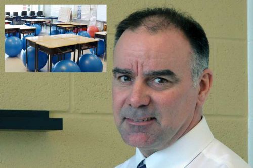 Acting Principal James McDonald. Inset: Teacher Scott Flegal's grade 2 classroom where students sit on balls instead of chairs