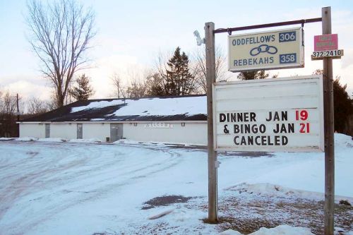 a sign outside of the Golden Links hall in Harrowsmith announces the recent event cancellations as a result of water damage. The regular youth dances and ballroom dancing lessons will continue as regularly scheduled.