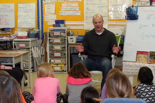 Astronaut hopeful Andrew Smith fields questions from Ms. Mayhew’s Grade 2 class at Harrowsmith Public School last week. Photo/Craig Bakay