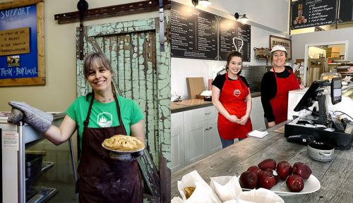 Left: Kim Perry at Local Family Farms; Right: Christine Lavalee (R) with staff member at The Cookery